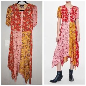 Zara Patchwork Floral Paisley Button Front Hankerchief Hem Midi Dress Size M